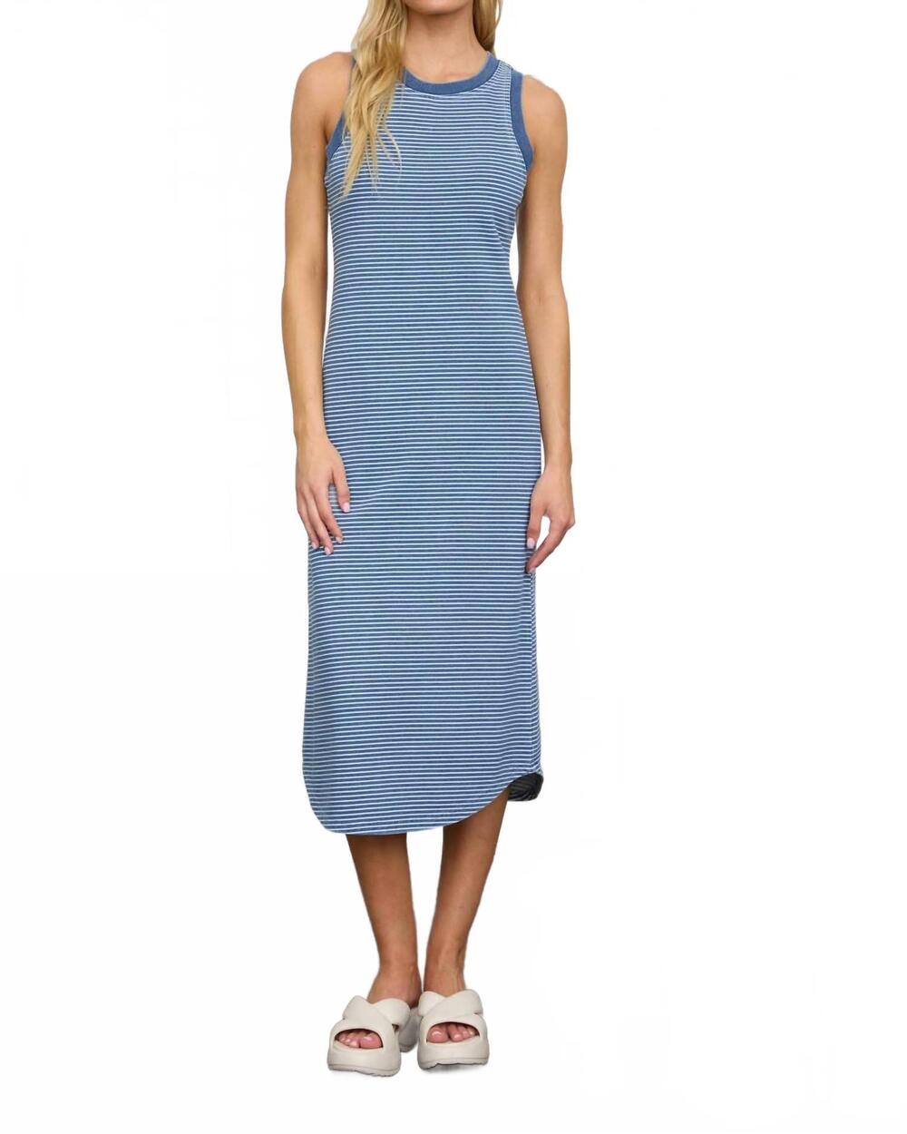 NEW JOA washed stripe sleeveless tank knit midi dress in denim